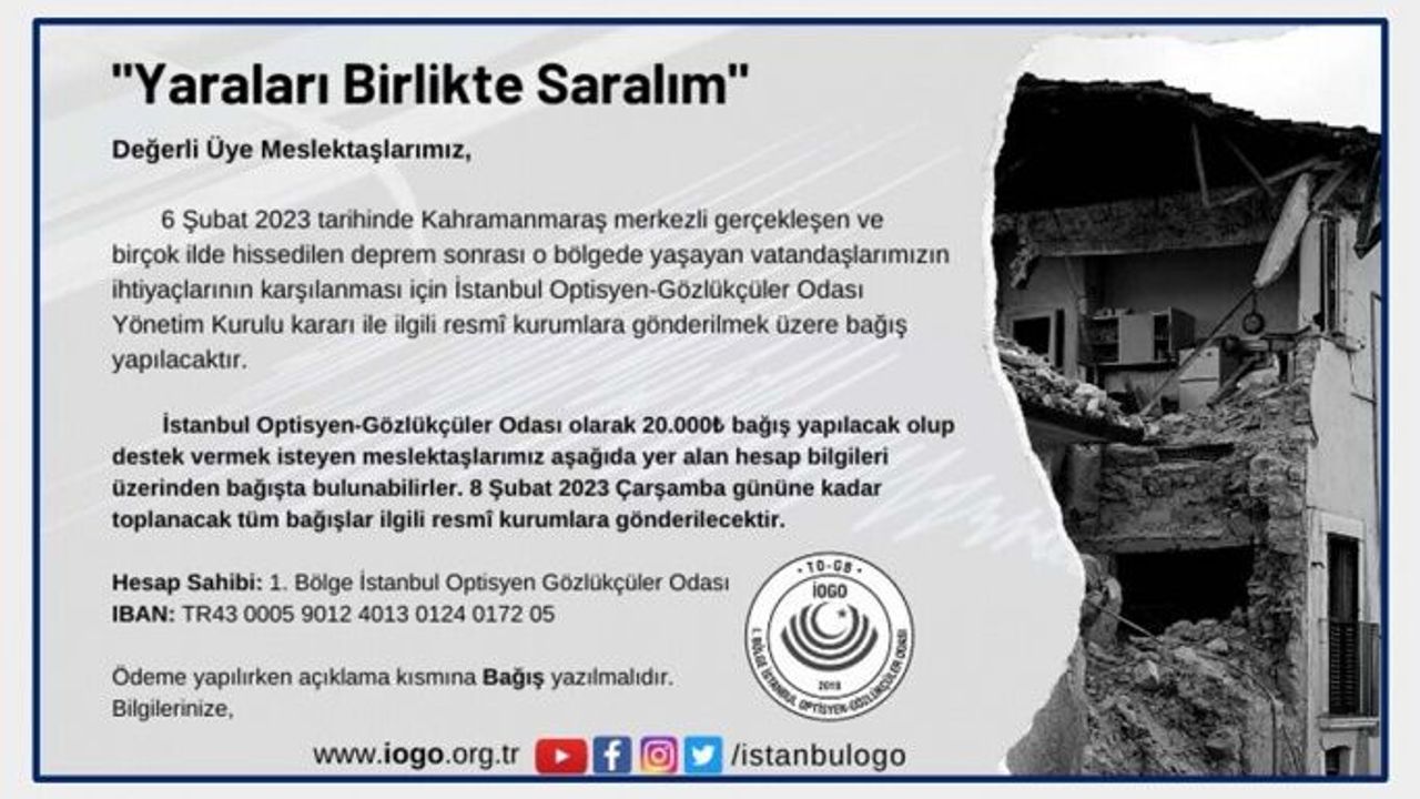 İstanbul Optisyen - Gözlükçüler Odası Deprem Yardım Kampanyası